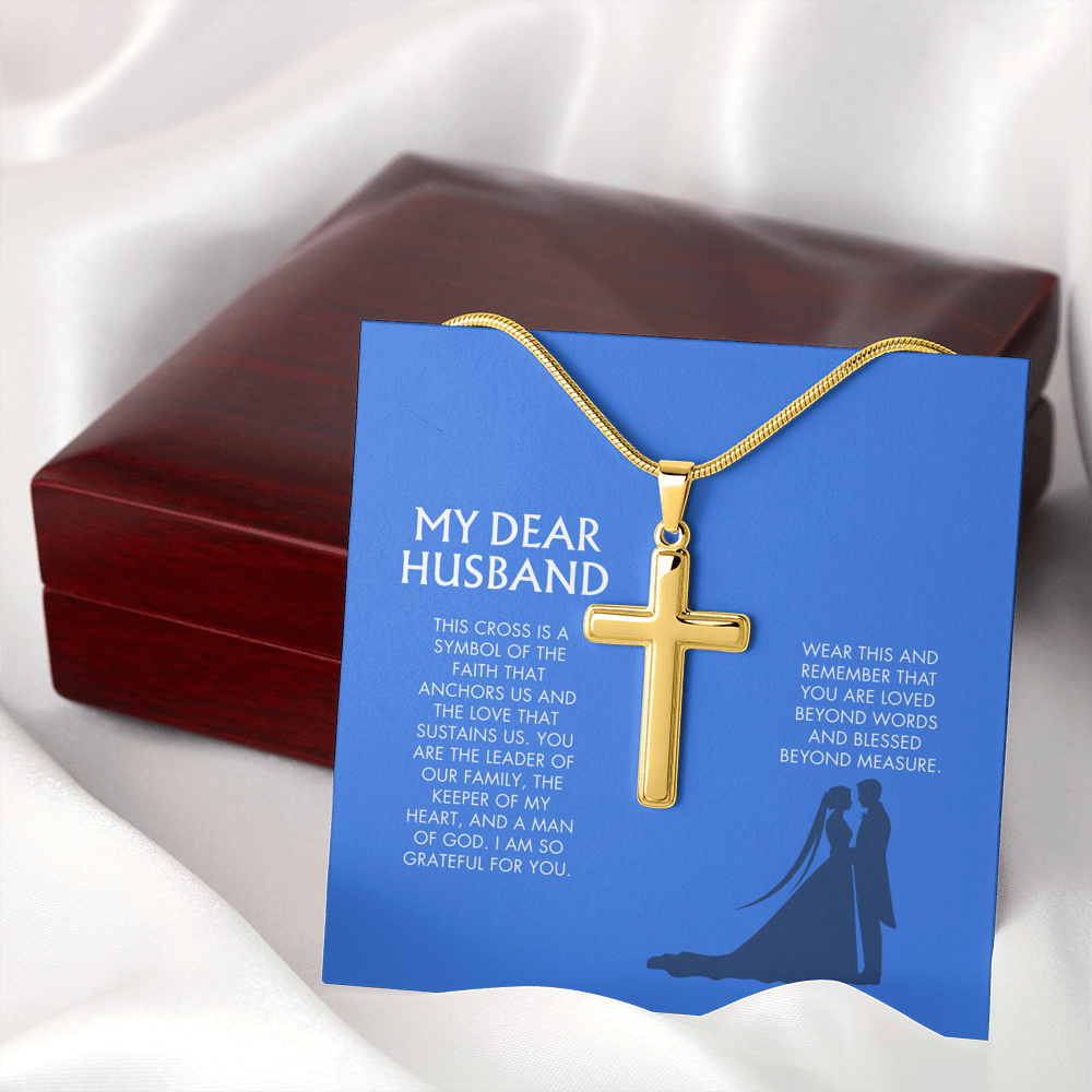Wife to Husband Artisan Cross Necklace | 18K Gold Finish Christian Jewelry | Heartfelt Birthday & Holiday Gift for Her