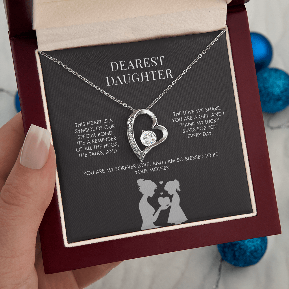To My Daughter Forever Love Heart Pendant from Mom | Premium 14K White Gold Finish Necklace | Special Holiday Gift