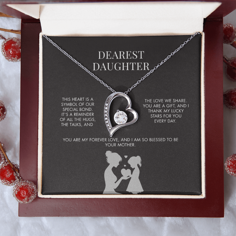 To My Daughter Forever Love Heart Pendant from Mom | Premium 14K White Gold Finish Necklace | Special Holiday Gift