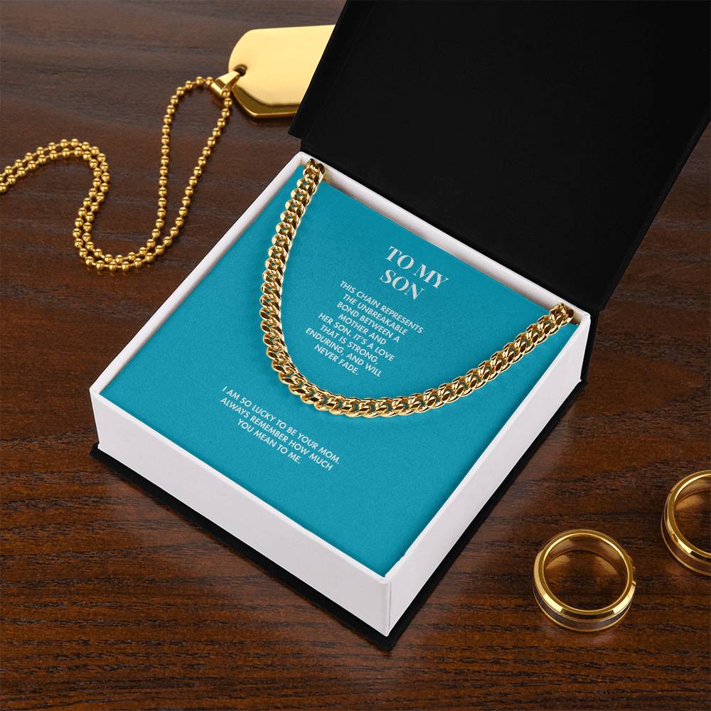 Mother to Son Classic 14K Yellow Gold Finish Cuban Link Chain | 5mm Adjustable Necklace | Heartfelt Holiday Gift for Him