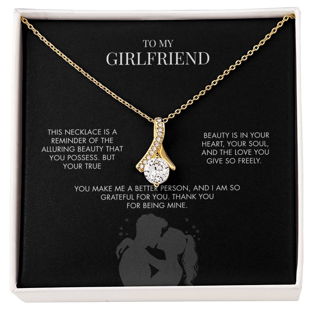 To My Girlfriend Alluring Beauty Necklace | 14K White Gold Finish Ribbon Pendant | Romantic Anniversary Gift for Her