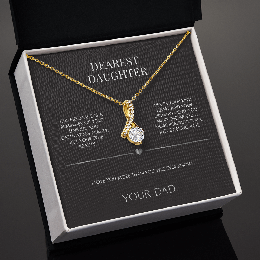 To My Daughter Alluring Beauty Ribbon Necklace from Dad | 14K White Gold Finish Pendant | Heartfelt Birthday Gift for Her