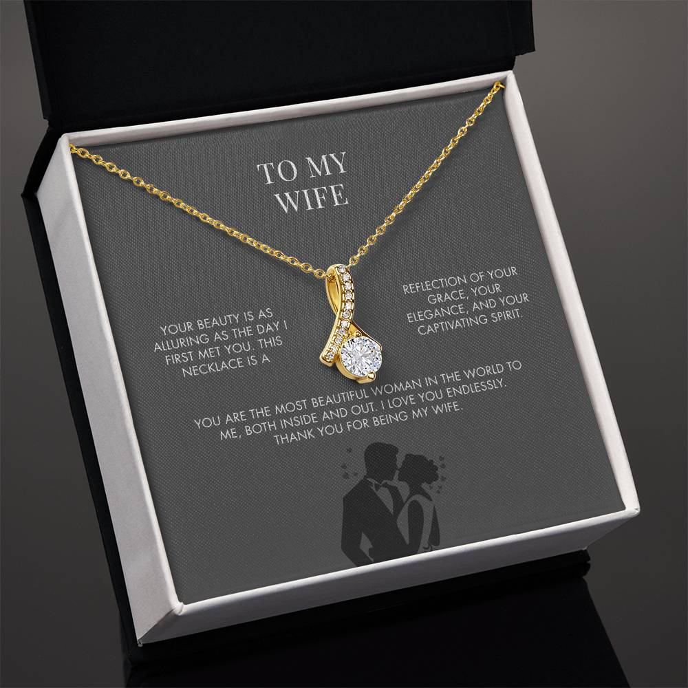 To My Wife Alluring Beauty Necklace from Husband | 14K White Gold Finish Ribbon Pendant | Romantic Anniversary Jewelry Gift