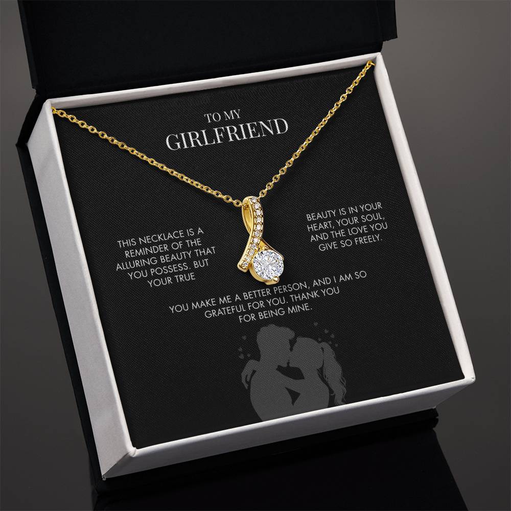 To My Girlfriend Alluring Beauty Necklace | 14K White Gold Finish Ribbon Pendant | Romantic Anniversary Gift for Her