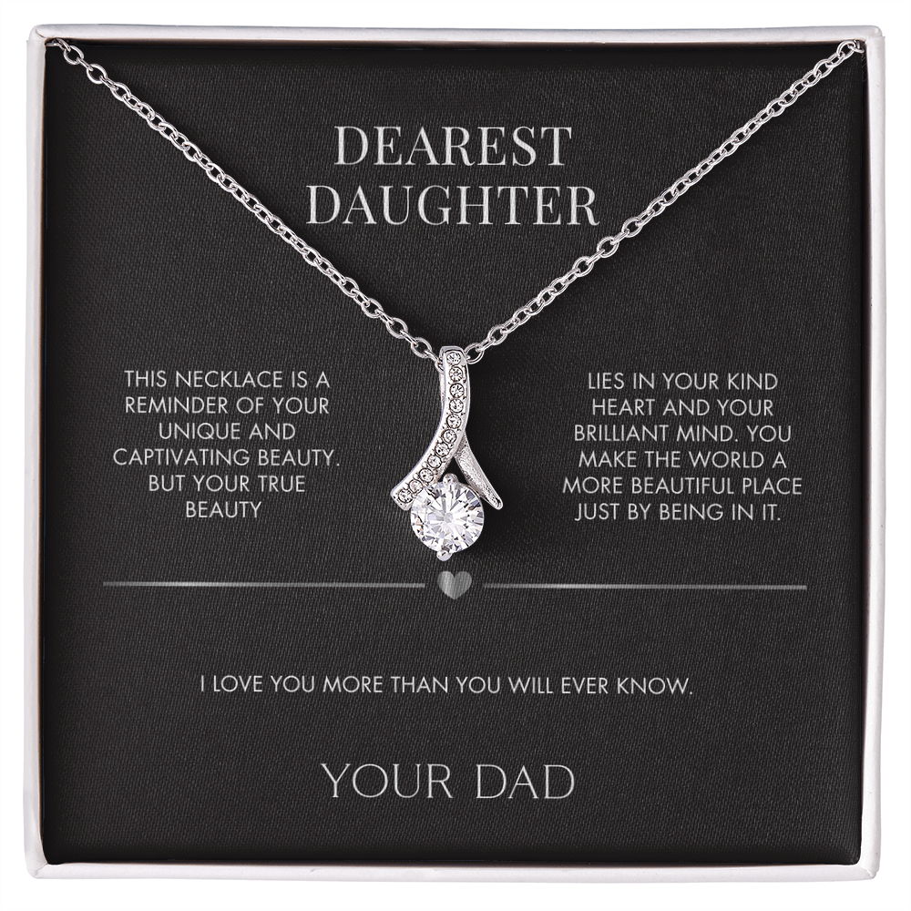 To My Daughter Alluring Beauty Ribbon Necklace from Dad | 14K White Gold Finish Pendant | Heartfelt Birthday Gift for Her