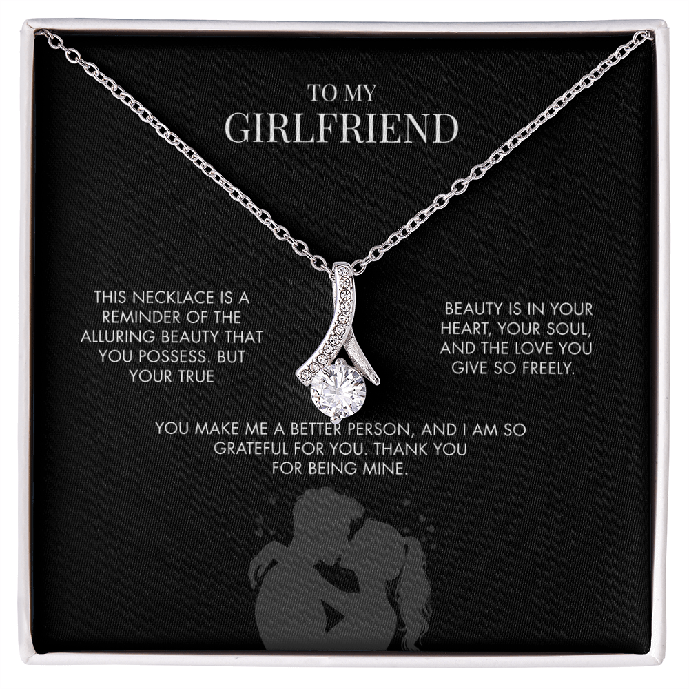 To My Girlfriend Alluring Beauty Necklace | 14K White Gold Finish Ribbon Pendant | Romantic Anniversary Gift for Her
