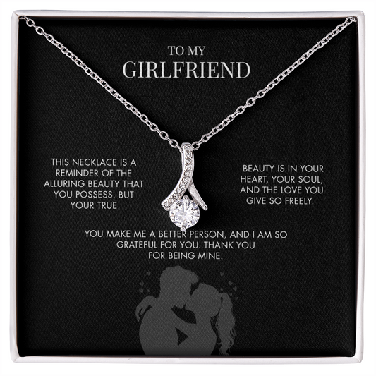 To My Girlfriend Alluring Beauty Necklace | 14K White Gold Finish Ribbon Pendant | Romantic Anniversary Gift for Her
