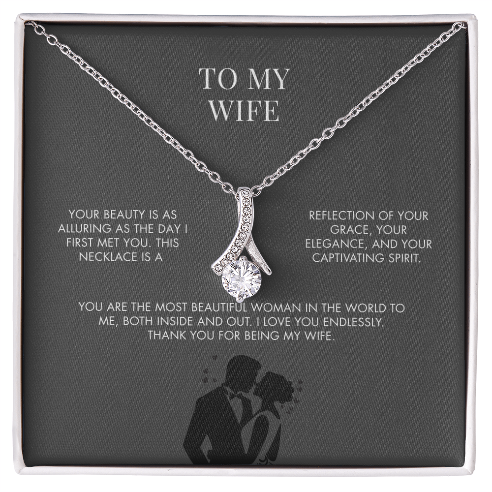 To My Wife Alluring Beauty Necklace from Husband | 14K White Gold Finish Ribbon Pendant | Romantic Anniversary Jewelry Gift
