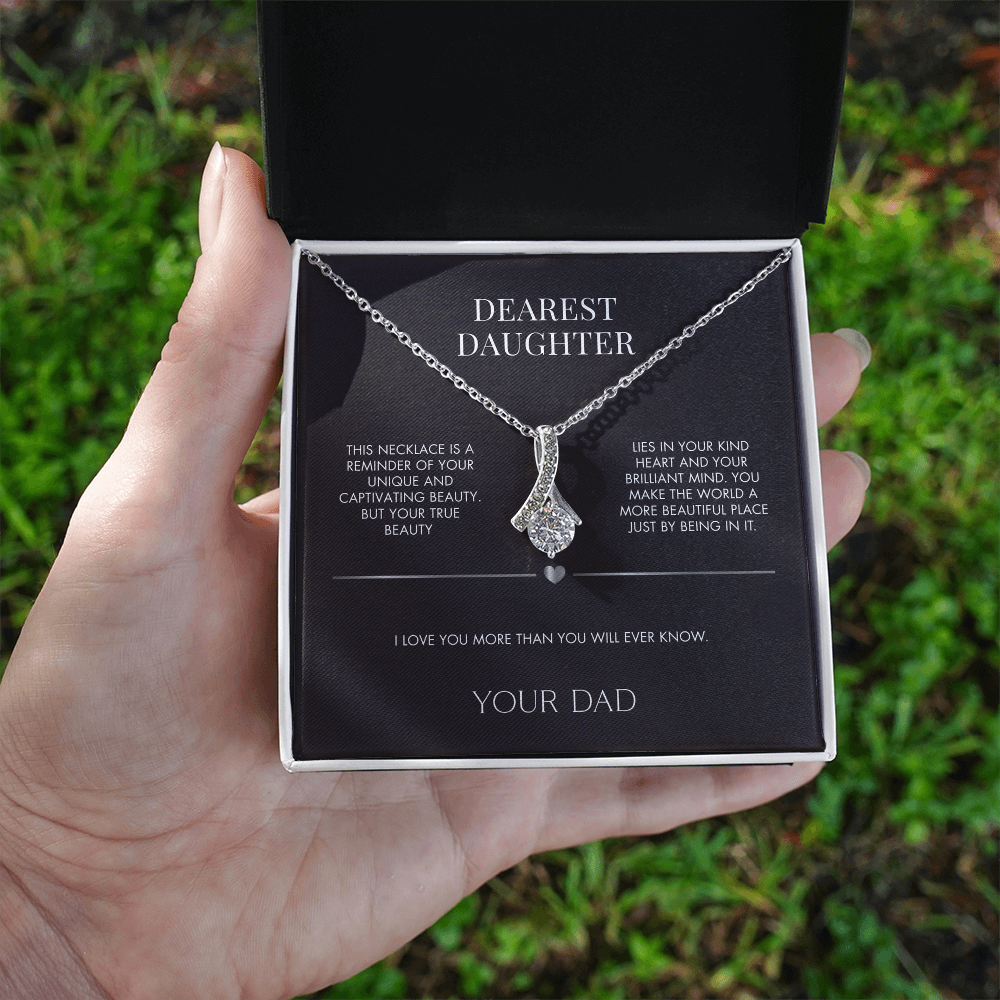 To My Daughter Alluring Beauty Ribbon Necklace from Dad | 14K White Gold Finish Pendant | Heartfelt Birthday Gift for Her