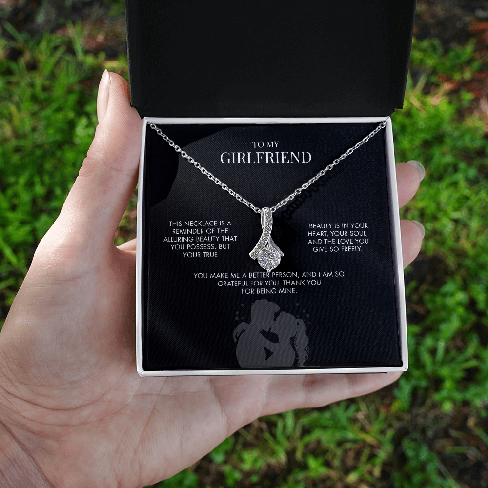 To My Girlfriend Alluring Beauty Necklace | 14K White Gold Finish Ribbon Pendant | Romantic Anniversary Gift for Her