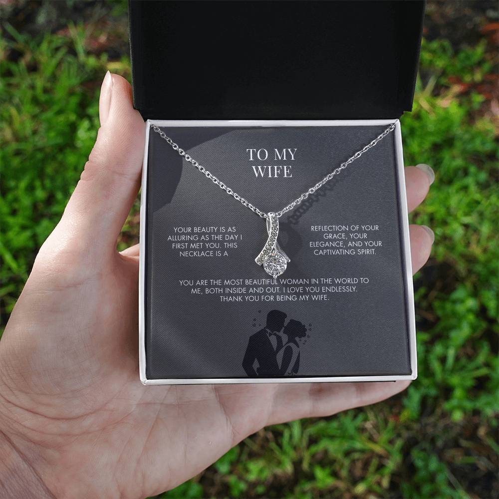 To My Wife Alluring Beauty Necklace from Husband | 14K White Gold Finish Ribbon Pendant | Romantic Anniversary Jewelry Gift