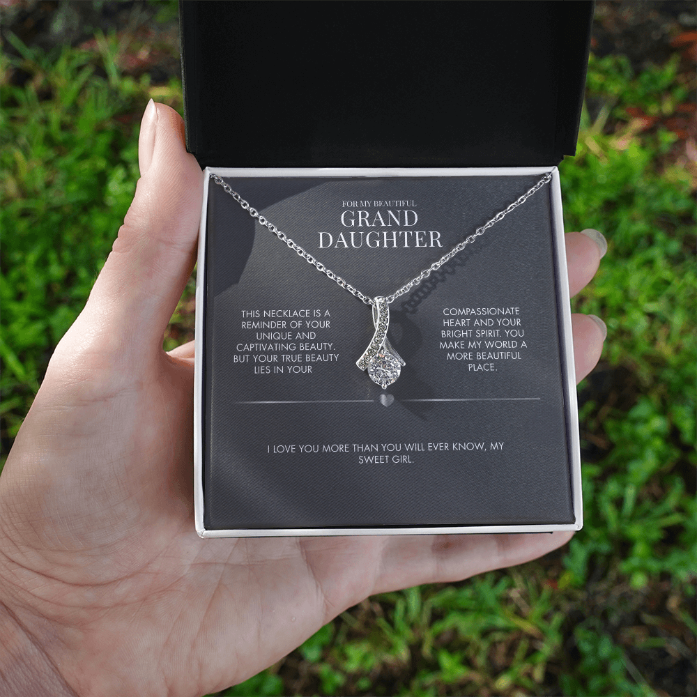 To My Granddaughter Alluring Beauty Necklace from Grandma | 14K White Gold Finish Ribbon Pendant | Special Birthday Gift