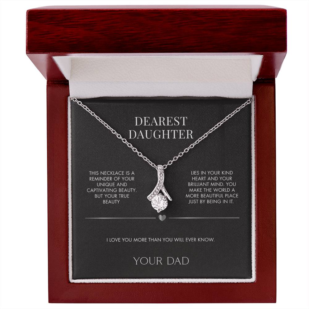 To My Daughter Alluring Beauty Ribbon Necklace from Dad | 14K White Gold Finish Pendant | Heartfelt Birthday Gift for Her