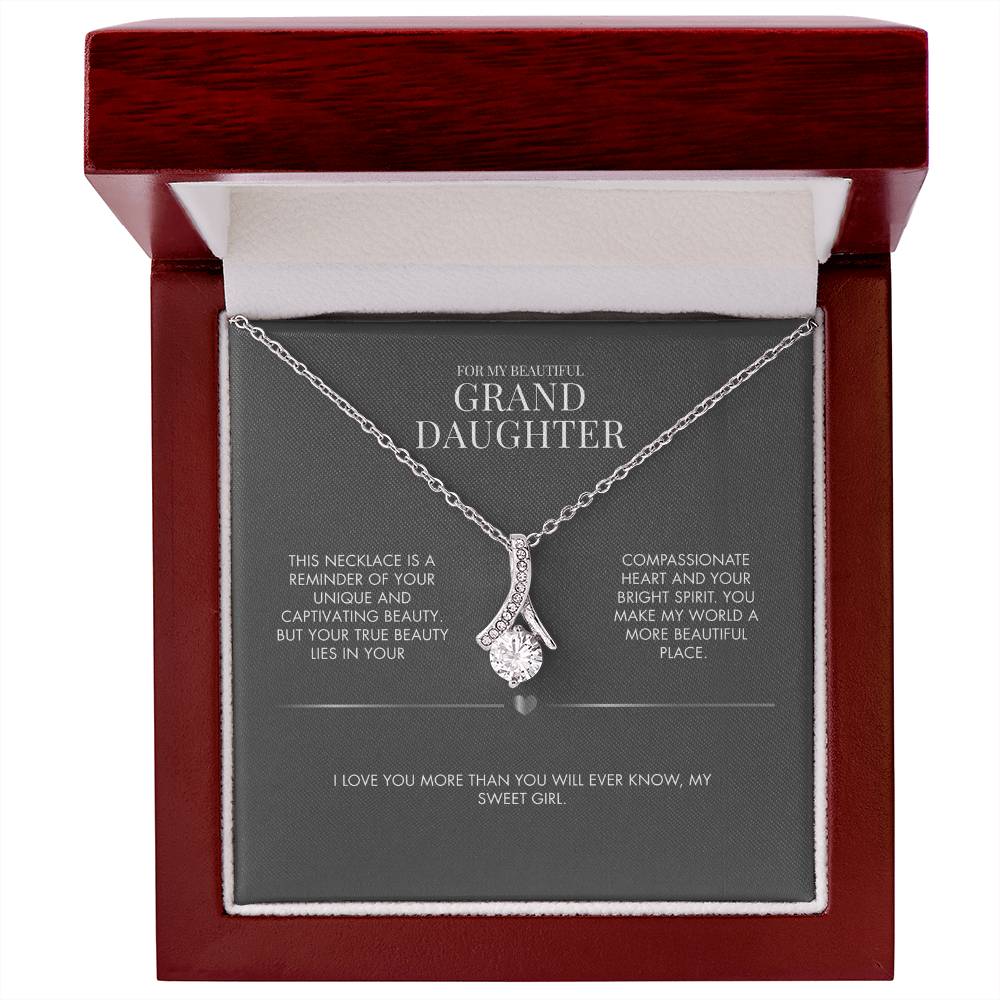 To My Granddaughter Alluring Beauty Necklace from Grandma | 14K White Gold Finish Ribbon Pendant | Special Birthday Gift