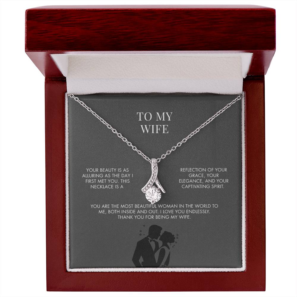 To My Wife Alluring Beauty Necklace from Husband | 14K White Gold Finish Ribbon Pendant | Romantic Anniversary Jewelry Gift