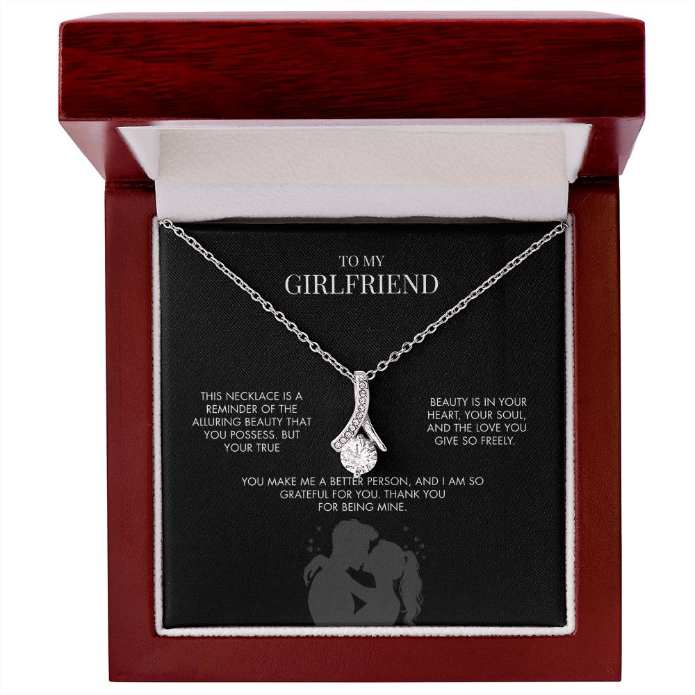 To My Girlfriend Alluring Beauty Necklace | 14K White Gold Finish Ribbon Pendant | Romantic Anniversary Gift for Her
