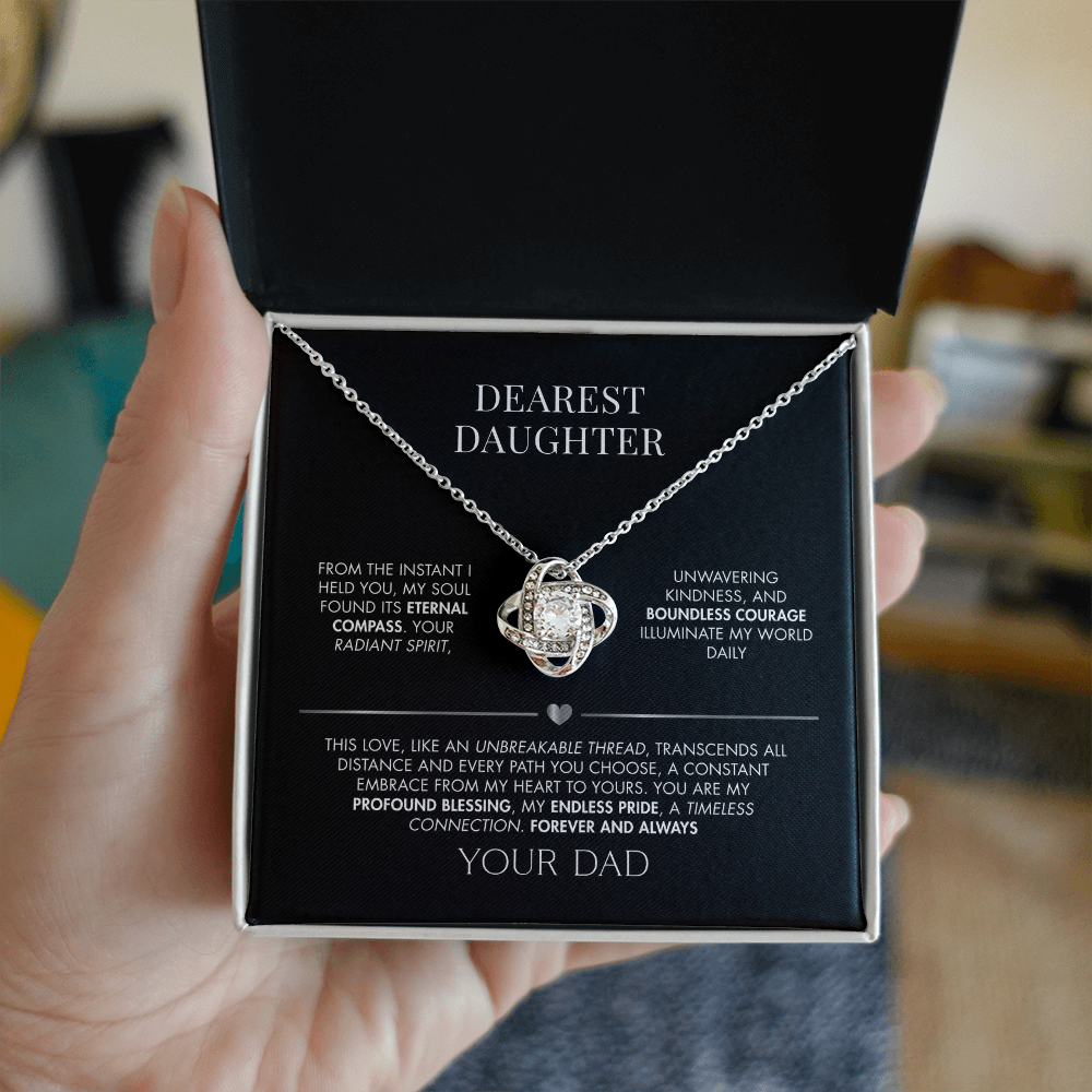 To My Daughter Love Knot Necklace from Dad | 14K White Gold Finish Pendant | Meaningful Birthday Gift