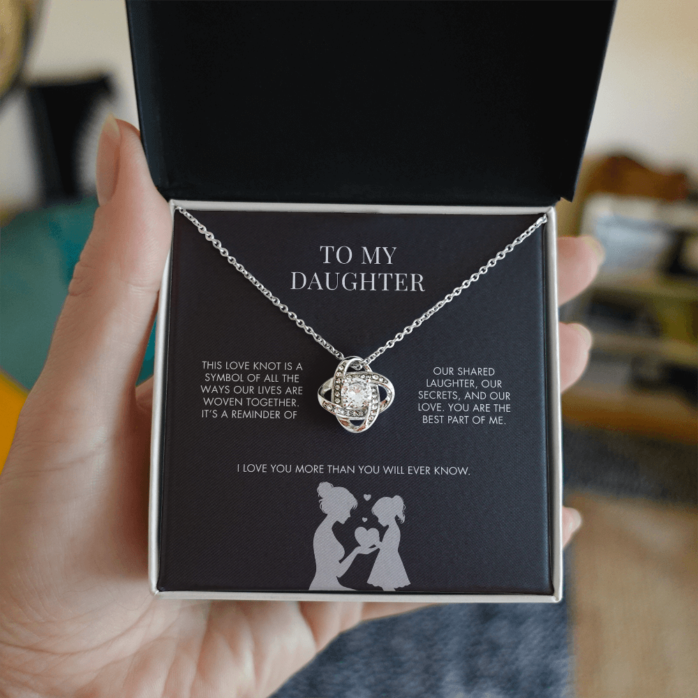 To My Daughter Love Knot Pendant from Mom | Premium 14K White Gold Finish Necklace | Special Holiday Gift