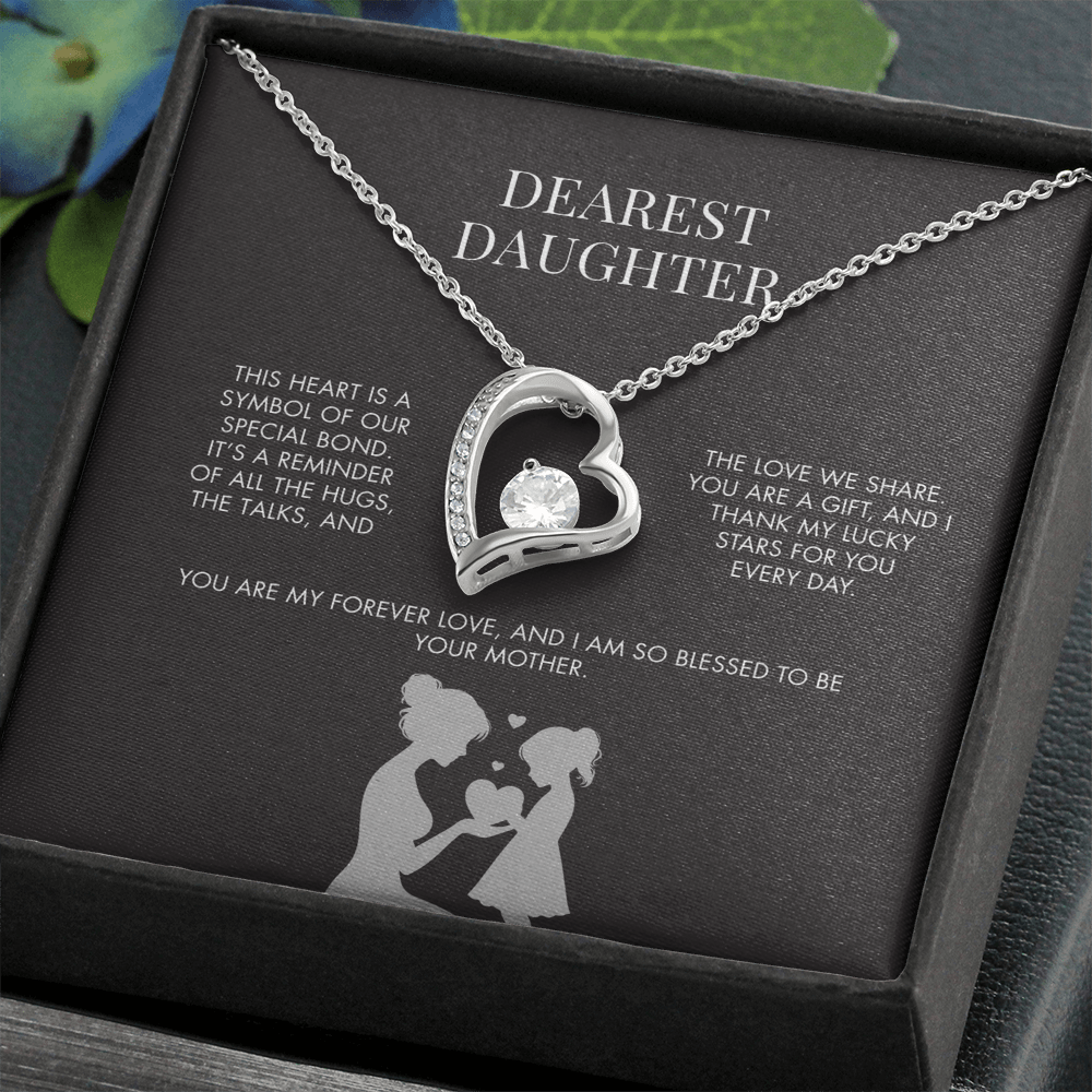 To My Daughter Forever Love Heart Pendant from Mom | Premium 14K White Gold Finish Necklace | Special Holiday Gift