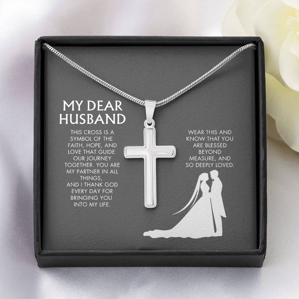 Wife to Husband Artisan Cross Necklace from Husband | 18K Yellow Gold Finish Faith Pendant | Adjustable Snake Chain Gift