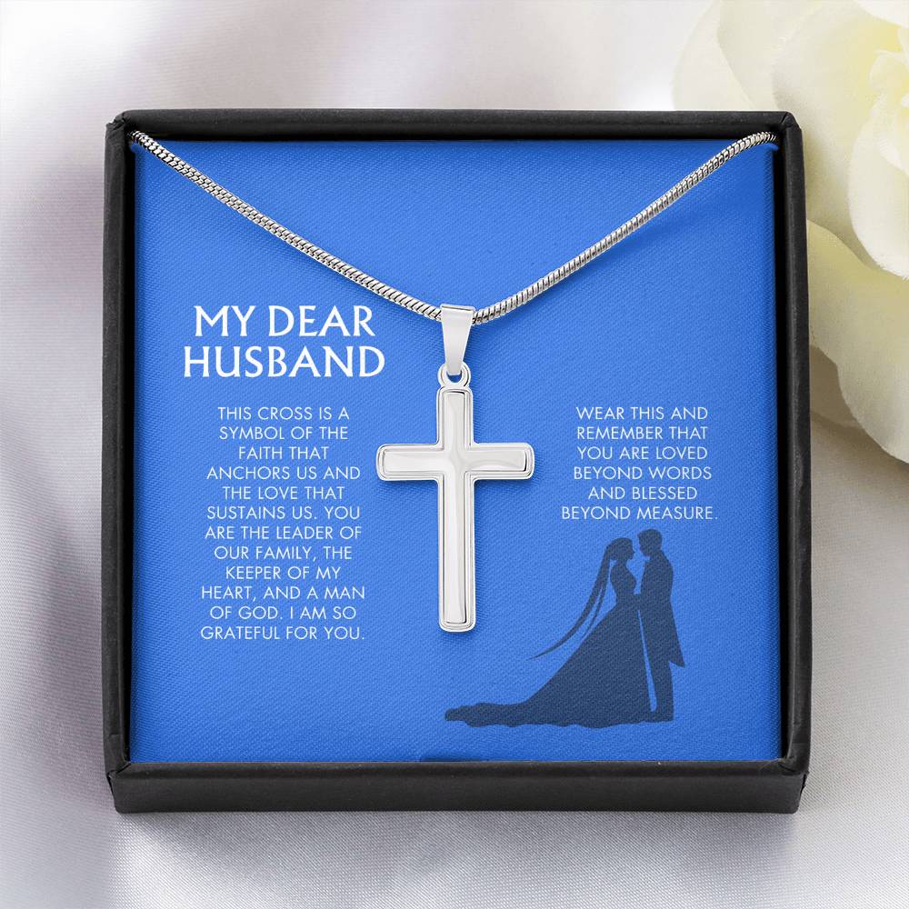 Wife to Husband Artisan Cross Necklace | 18K Gold Finish Christian Jewelry | Heartfelt Birthday & Holiday Gift for Her