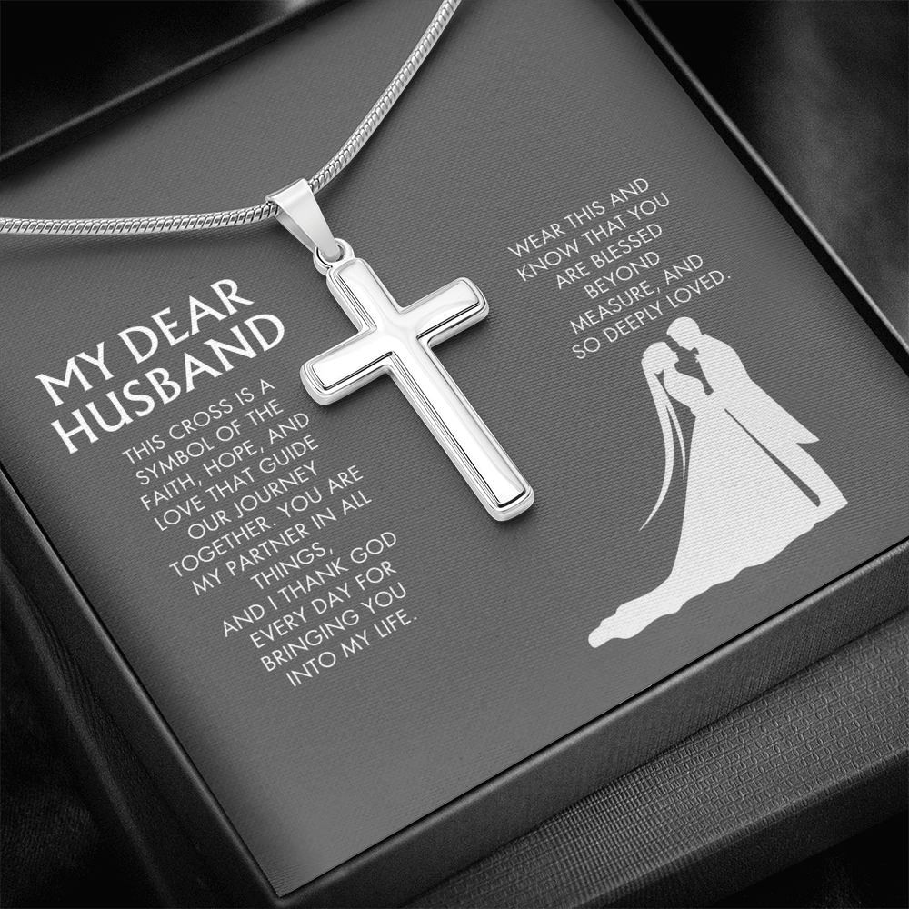 Wife to Husband Artisan Cross Necklace from Husband | 18K Yellow Gold Finish Faith Pendant | Adjustable Snake Chain Gift