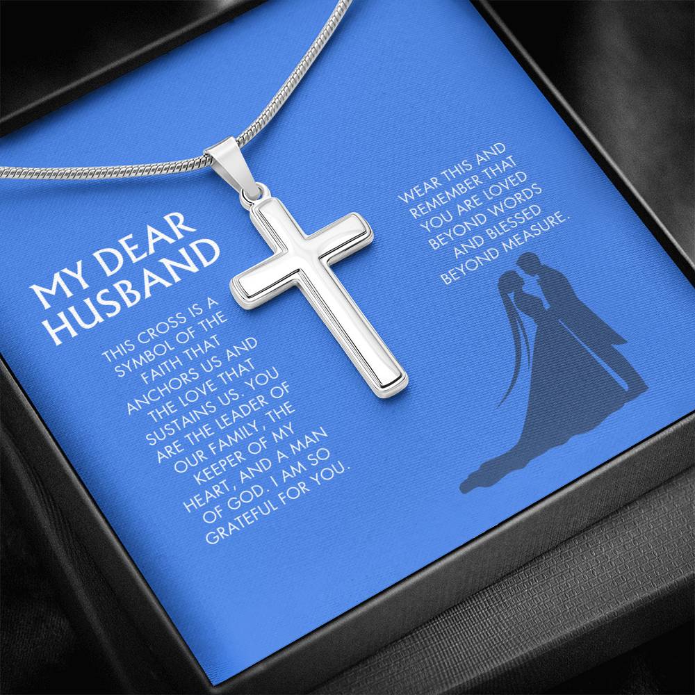Wife to Husband Artisan Cross Necklace | 18K Gold Finish Christian Jewelry | Heartfelt Birthday & Holiday Gift for Her