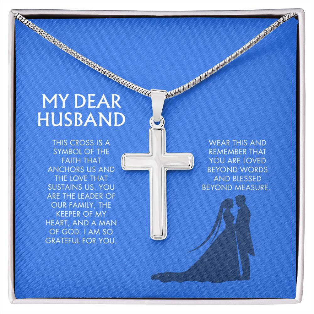 Wife to Husband Artisan Cross Necklace | 18K Gold Finish Christian Jewelry | Heartfelt Birthday & Holiday Gift for Her