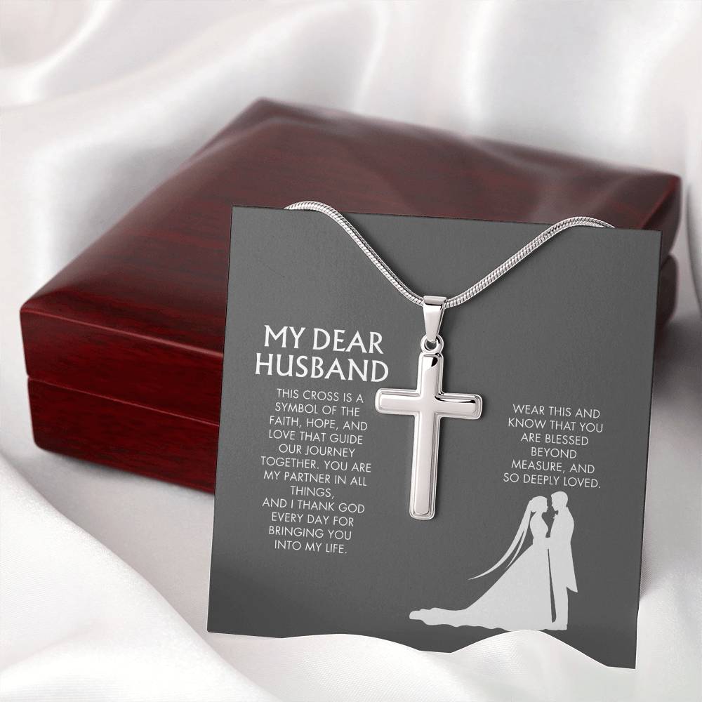 Wife to Husband Artisan Cross Necklace from Husband | 18K Yellow Gold Finish Faith Pendant | Adjustable Snake Chain Gift