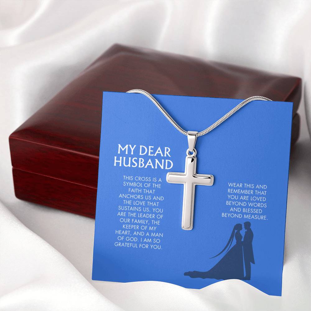 Wife to Husband Artisan Cross Necklace | 18K Gold Finish Christian Jewelry | Heartfelt Birthday & Holiday Gift for Her