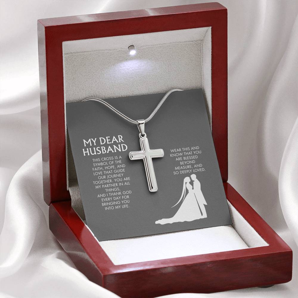 Wife to Husband Artisan Cross Necklace from Husband | 18K Yellow Gold Finish Faith Pendant | Adjustable Snake Chain Gift