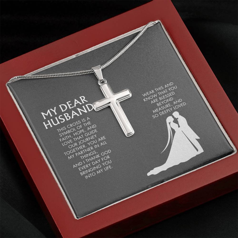 Wife to Husband Artisan Cross Necklace from Husband | 18K Yellow Gold Finish Faith Pendant | Adjustable Snake Chain Gift