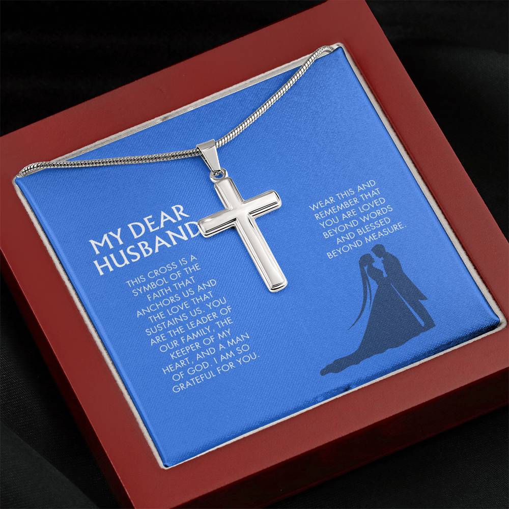 Wife to Husband Artisan Cross Necklace | 18K Gold Finish Christian Jewelry | Heartfelt Birthday & Holiday Gift for Her