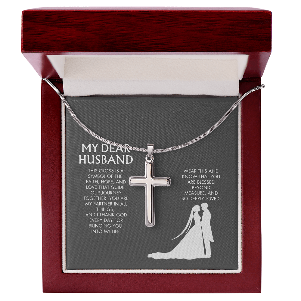 Wife to Husband Artisan Cross Necklace from Husband | 18K Yellow Gold Finish Faith Pendant | Adjustable Snake Chain Gift
