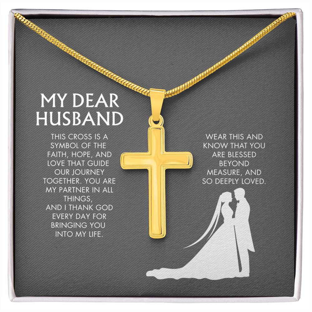Wife to Husband Artisan Cross Necklace from Husband | 18K Yellow Gold Finish Faith Pendant | Adjustable Snake Chain Gift