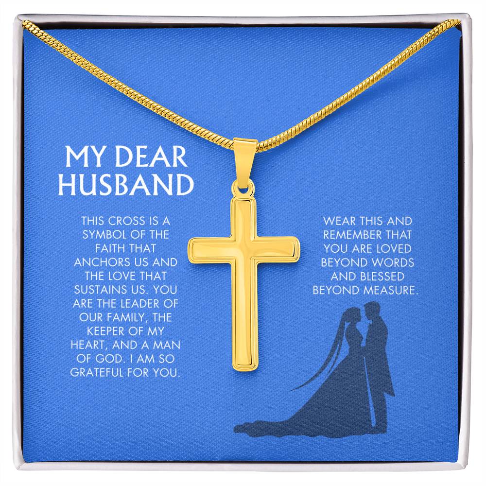 Wife to Husband Artisan Cross Necklace | 18K Gold Finish Christian Jewelry | Heartfelt Birthday & Holiday Gift for Her