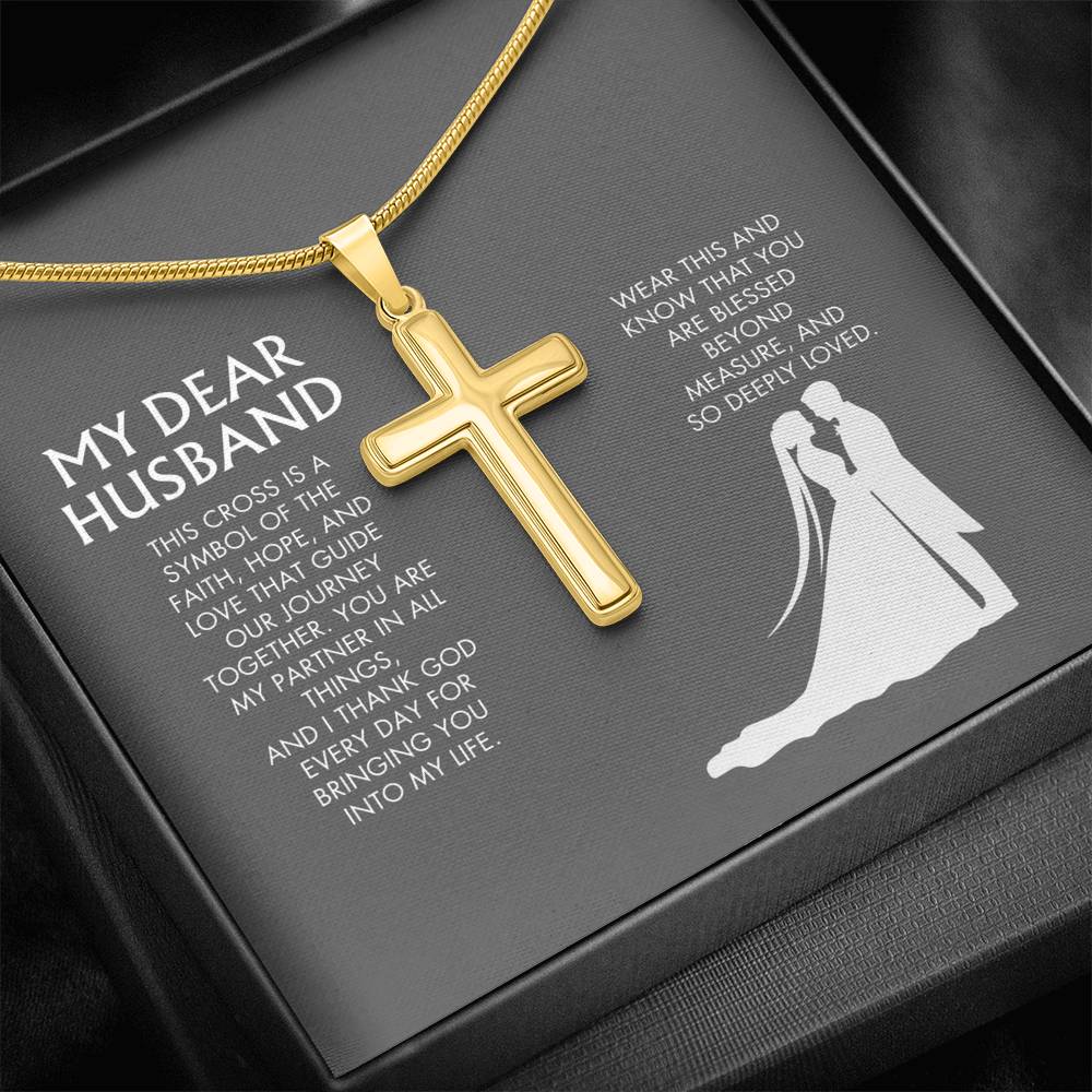 Wife to Husband Artisan Cross Necklace from Husband | 18K Yellow Gold Finish Faith Pendant | Adjustable Snake Chain Gift