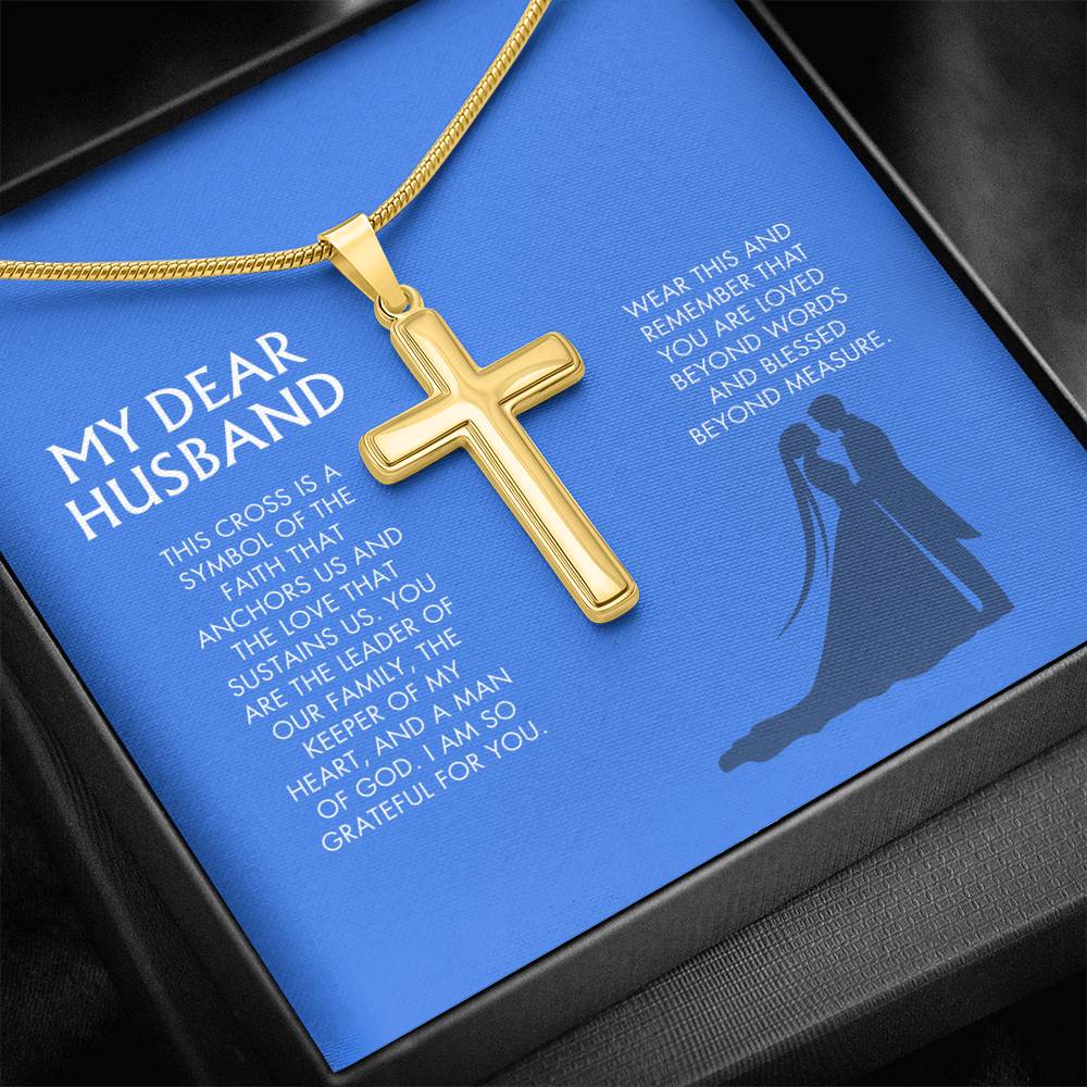 Wife to Husband Artisan Cross Necklace | 18K Gold Finish Christian Jewelry | Heartfelt Birthday & Holiday Gift for Her