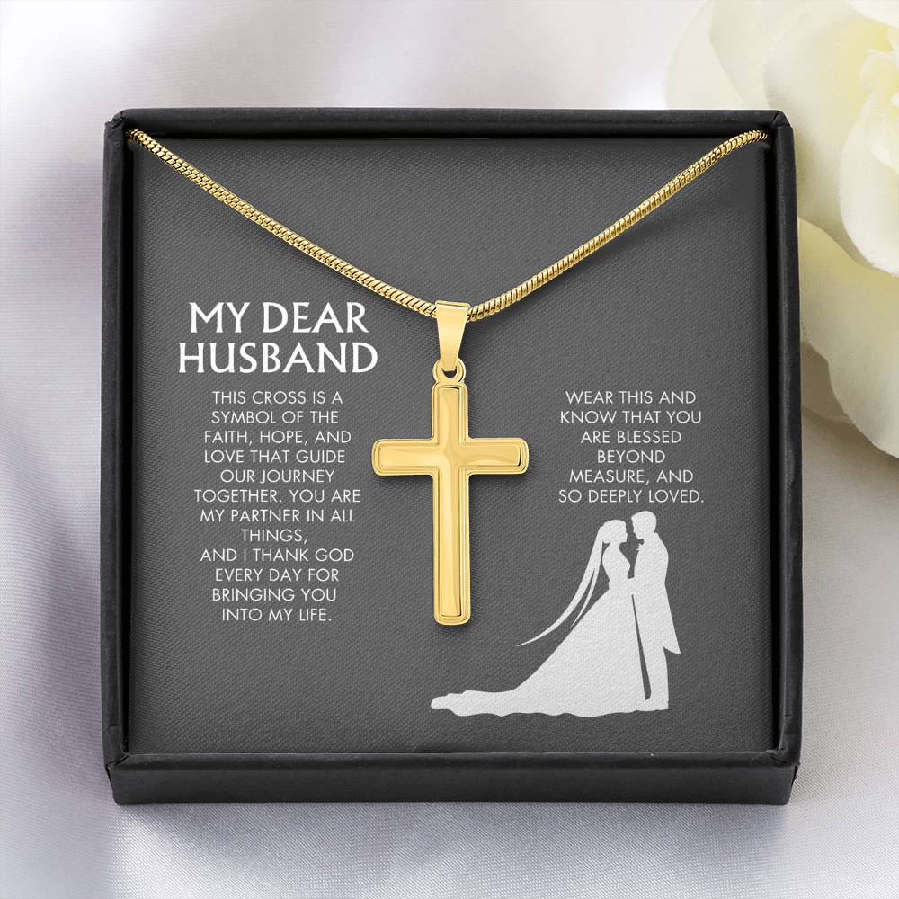 Wife to Husband Artisan Cross Necklace from Husband | 18K Yellow Gold Finish Faith Pendant | Adjustable Snake Chain Gift