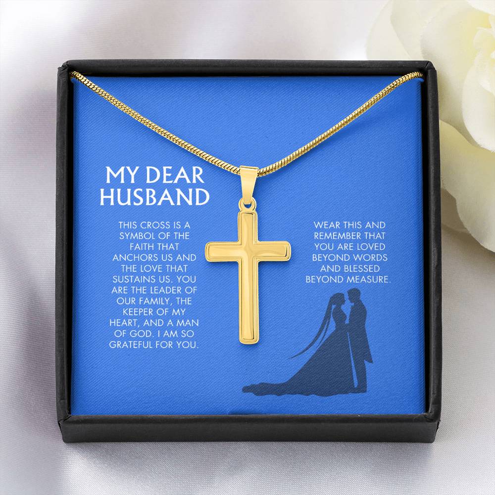 Wife to Husband Artisan Cross Necklace | 18K Gold Finish Christian Jewelry | Heartfelt Birthday & Holiday Gift for Her