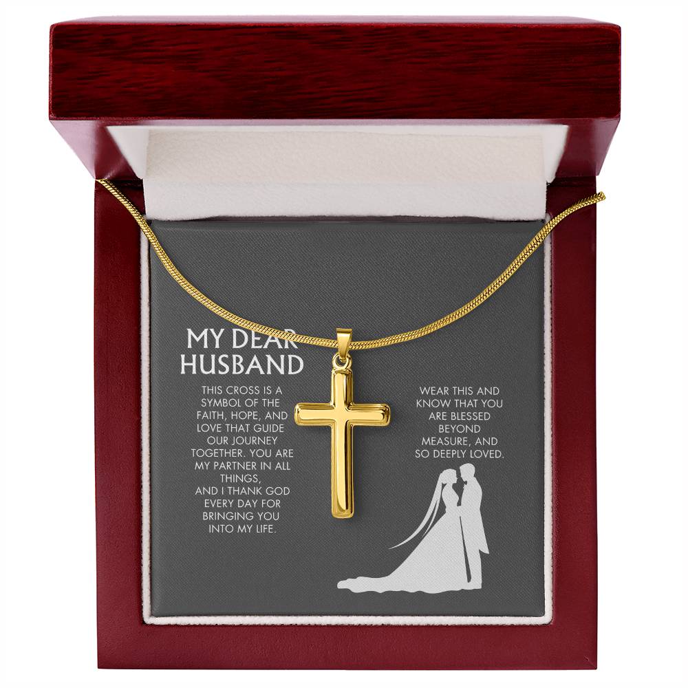 Wife to Husband Artisan Cross Necklace from Husband | 18K Yellow Gold Finish Faith Pendant | Adjustable Snake Chain Gift