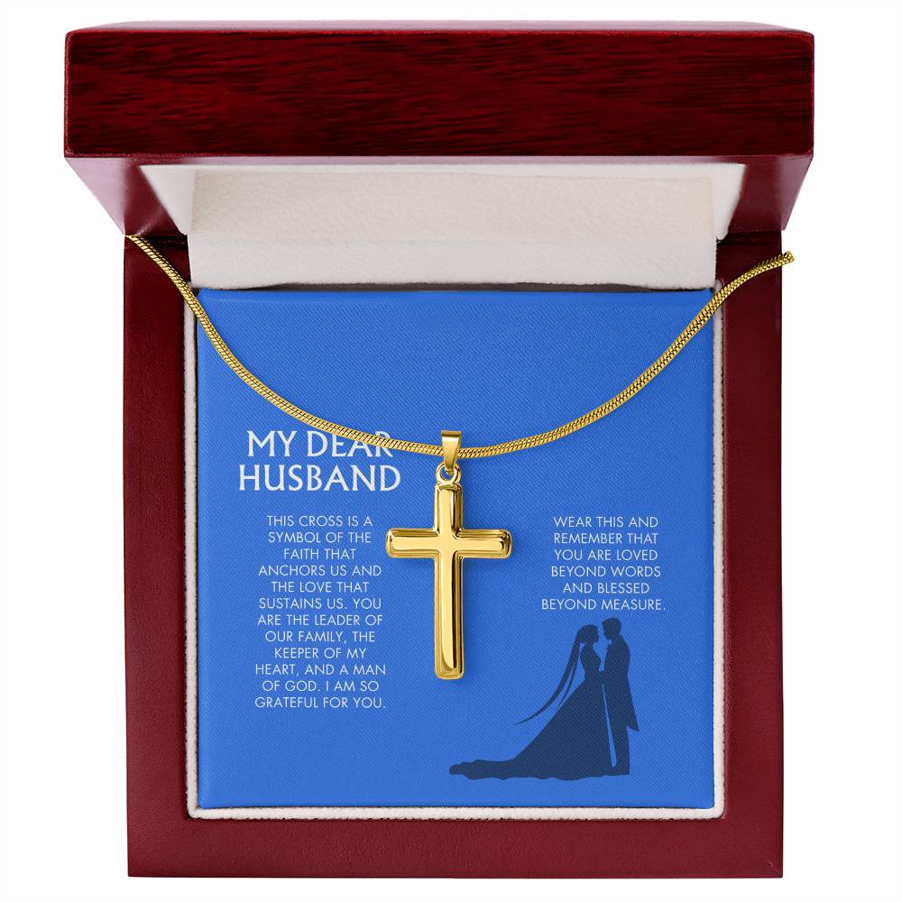 Wife to Husband Artisan Cross Necklace | 18K Gold Finish Christian Jewelry | Heartfelt Birthday & Holiday Gift for Her