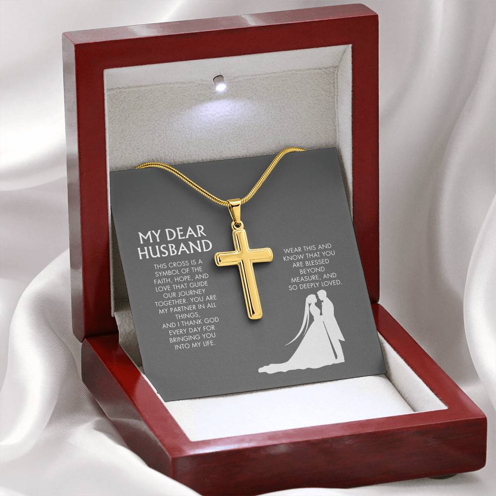 Wife to Husband Artisan Cross Necklace from Husband | 18K Yellow Gold Finish Faith Pendant | Adjustable Snake Chain Gift