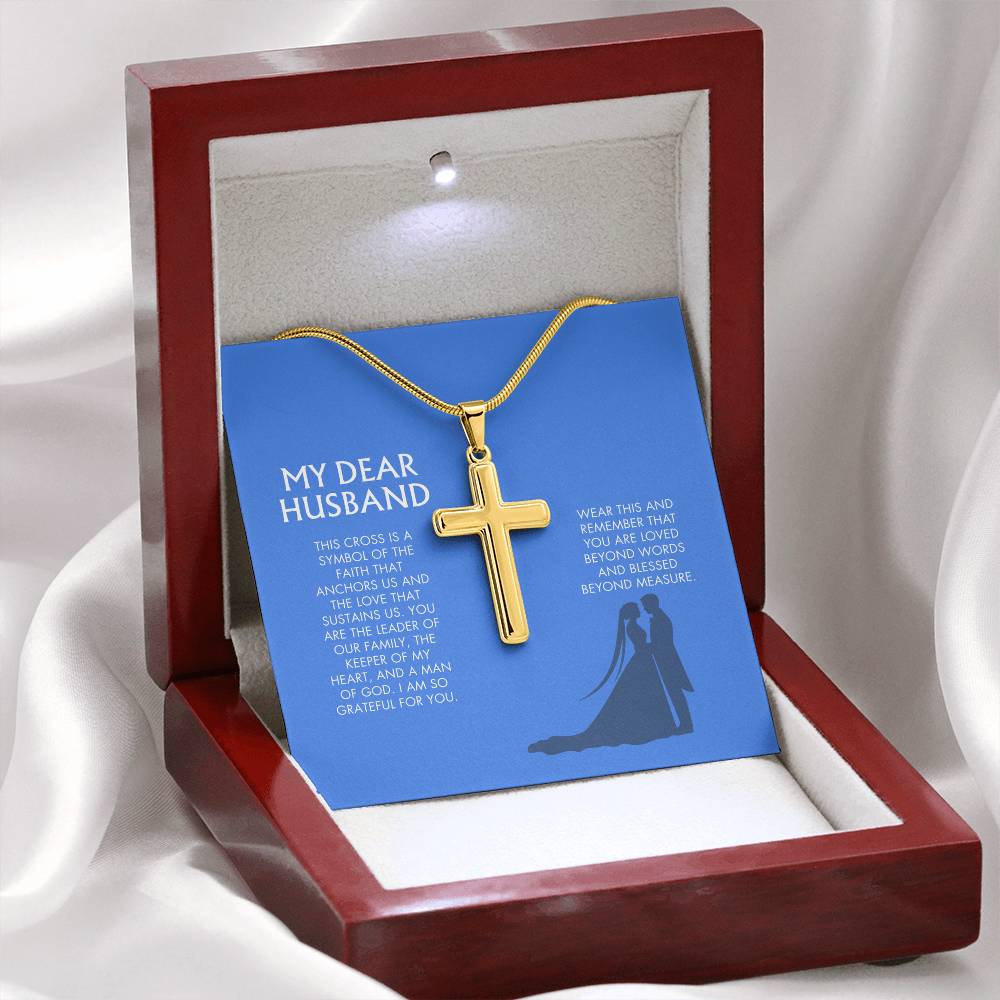 Wife to Husband Artisan Cross Necklace | 18K Gold Finish Christian Jewelry | Heartfelt Birthday & Holiday Gift for Her