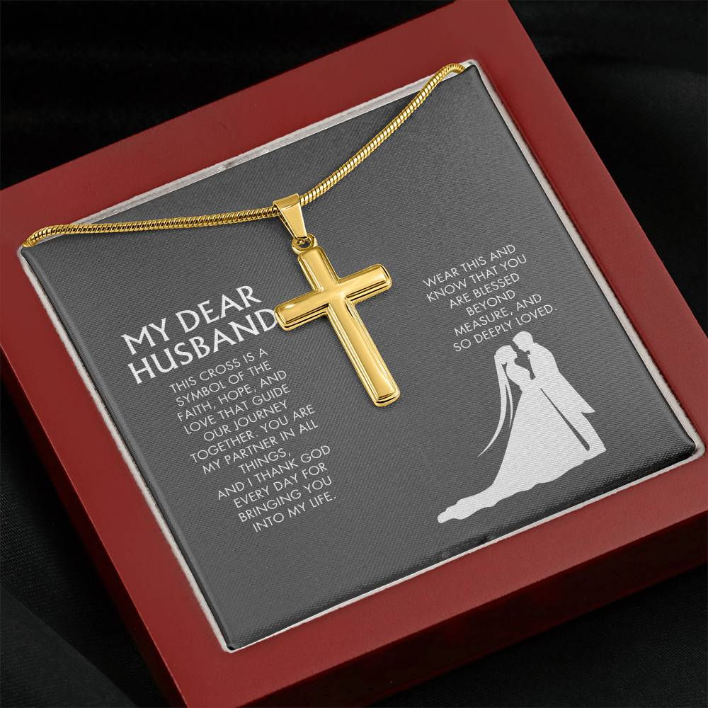 Wife to Husband Artisan Cross Necklace from Husband | 18K Yellow Gold Finish Faith Pendant | Adjustable Snake Chain Gift