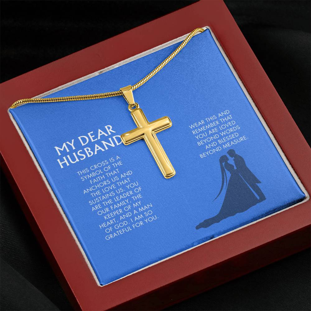 Wife to Husband Artisan Cross Necklace | 18K Gold Finish Christian Jewelry | Heartfelt Birthday & Holiday Gift for Her