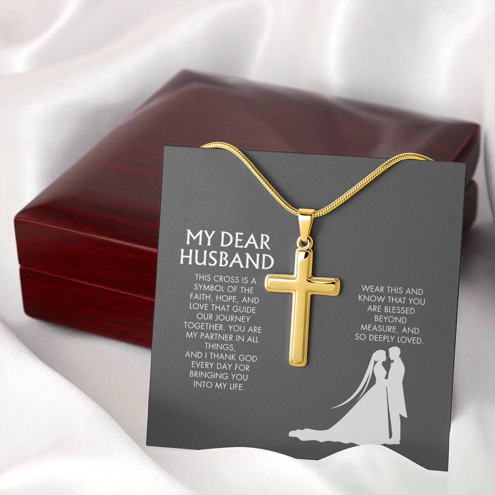 Wife to Husband Artisan Cross Necklace from Husband | 18K Yellow Gold Finish Faith Pendant | Adjustable Snake Chain Gift